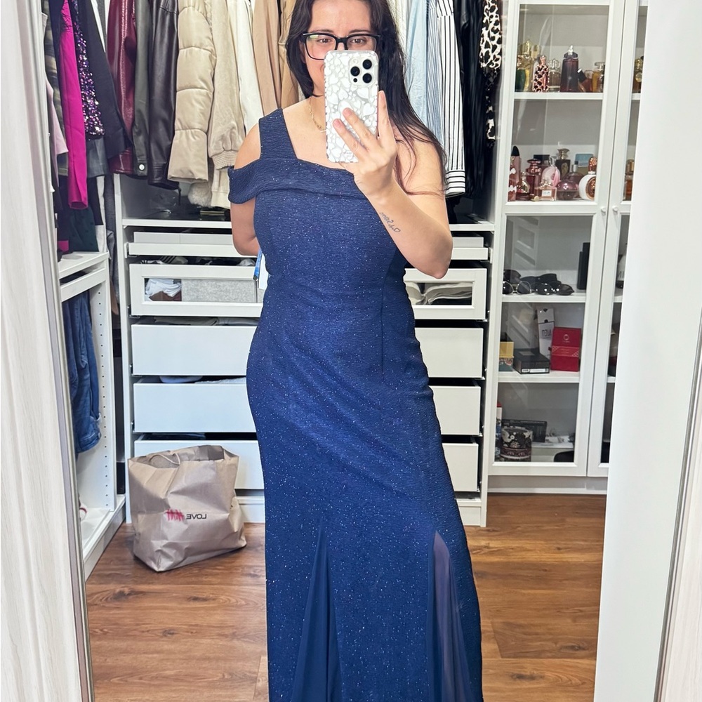 R & M Richards Blue Asymmetrical One Shoulder Gown
